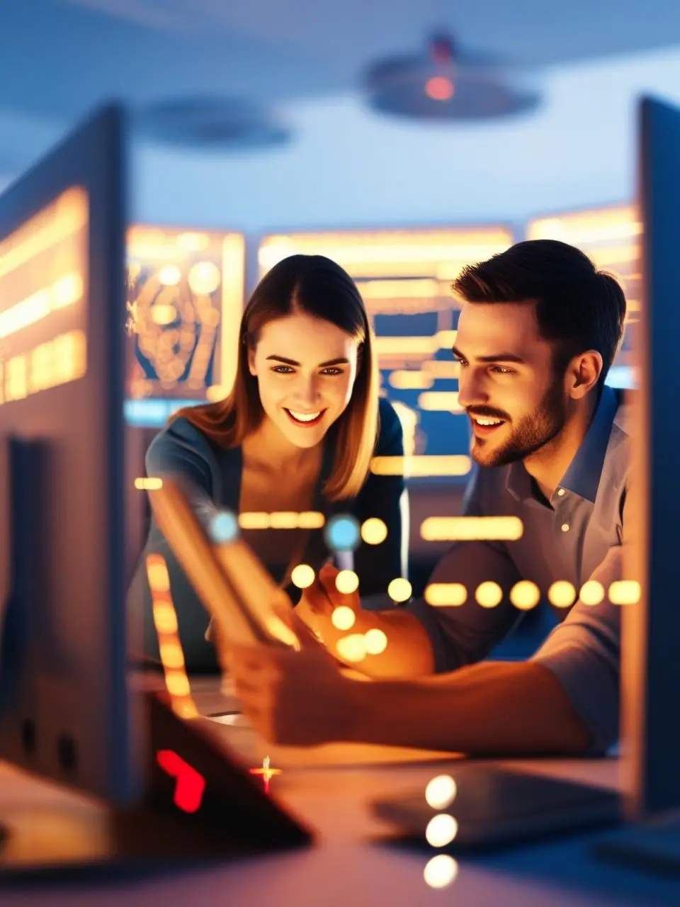 Obrazek dekoracyjny przedstawiający dwie współpracujące ze sobą osoby przy komputerze.